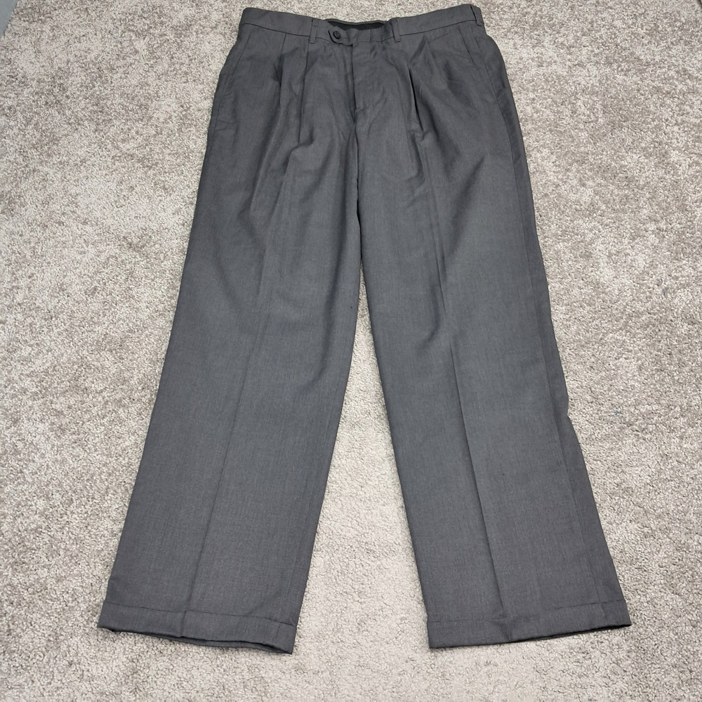 Haggar Mens Pleated Cuffed Dress Pants Charcoal Gray 38x32 Trousers Slacks